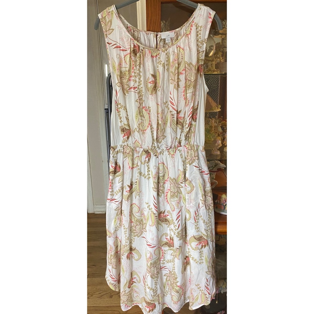 J. Jill Womens Paisley Floral Midi Dress Pink Green White Elastic Waist Size M